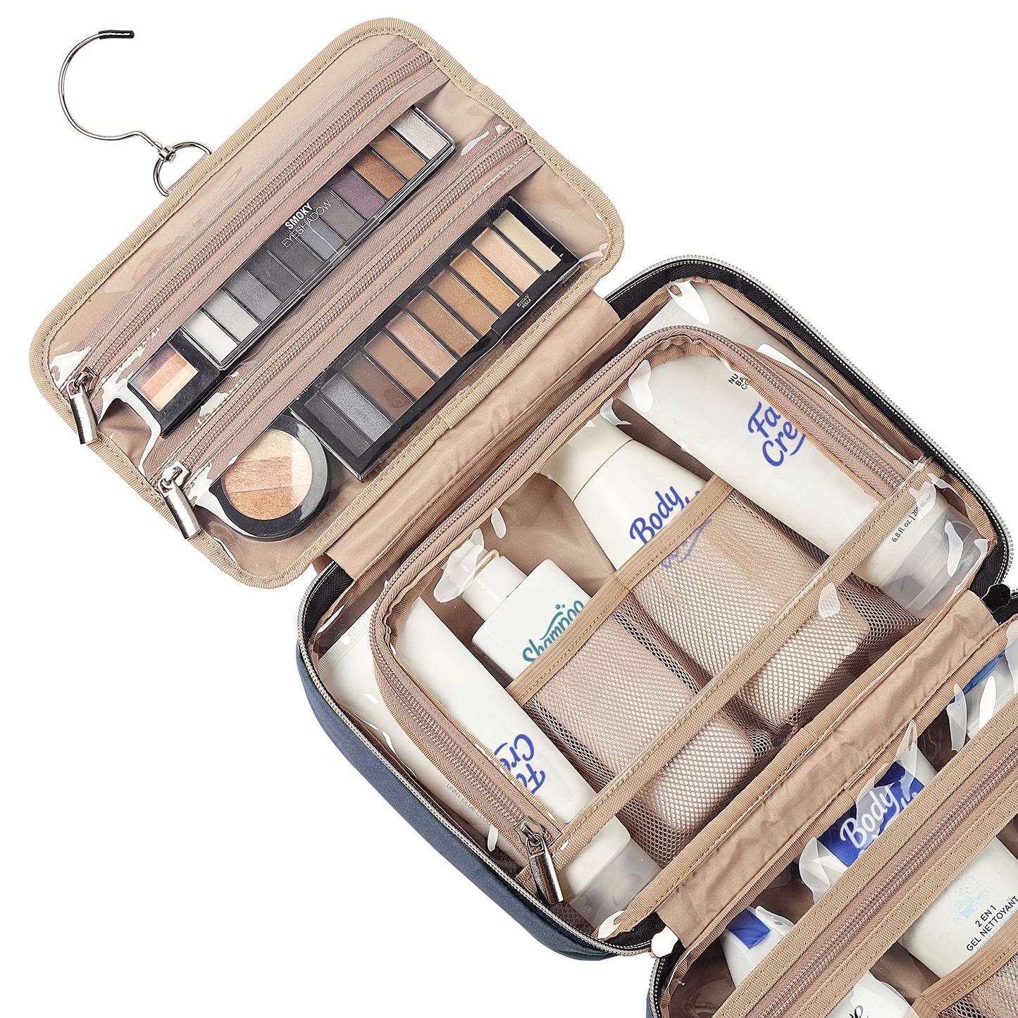 NISHEL Travel Toiletry Bag for women, Portable Hanging Organizer for Full-Sized Shampoo, Conditioner, Brushes Set, Makeup Accessories, Large Size, Pink