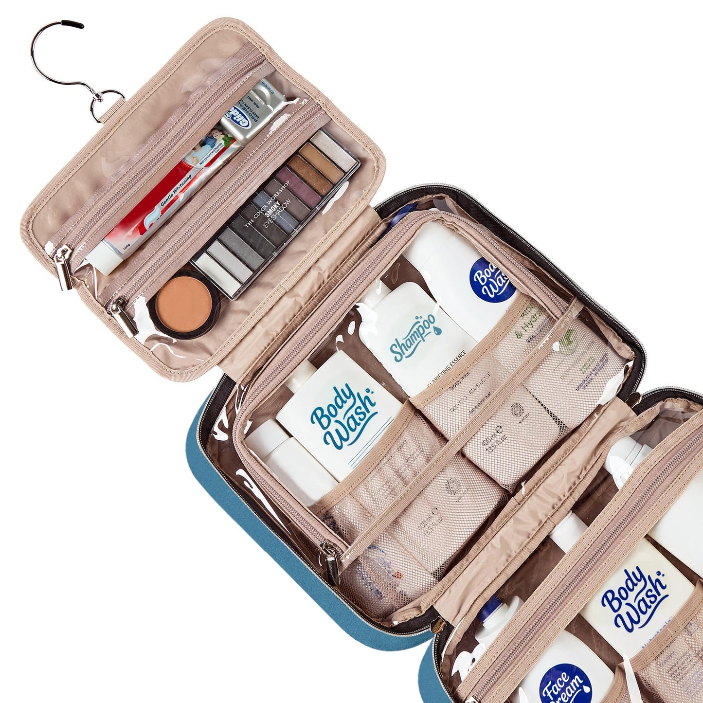 NISHEL Travel Toiletry Bag for women, Portable Hanging Organizer for Full-Sized Shampoo, Conditioner, Brushes Set, Makeup Accessories, Large Size, Pink