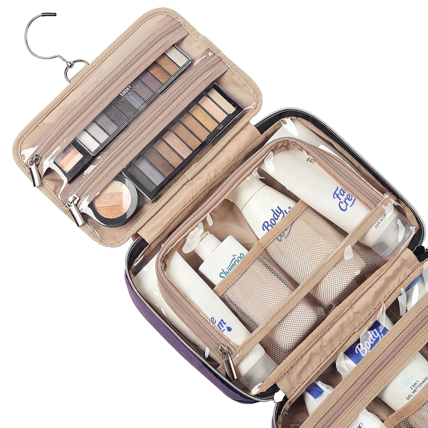 NISHEL Travel Toiletry Bag for women, Portable Hanging Organizer for Full-Sized Shampoo, Conditioner, Brushes Set, Makeup Accessories, Large Size, Pink