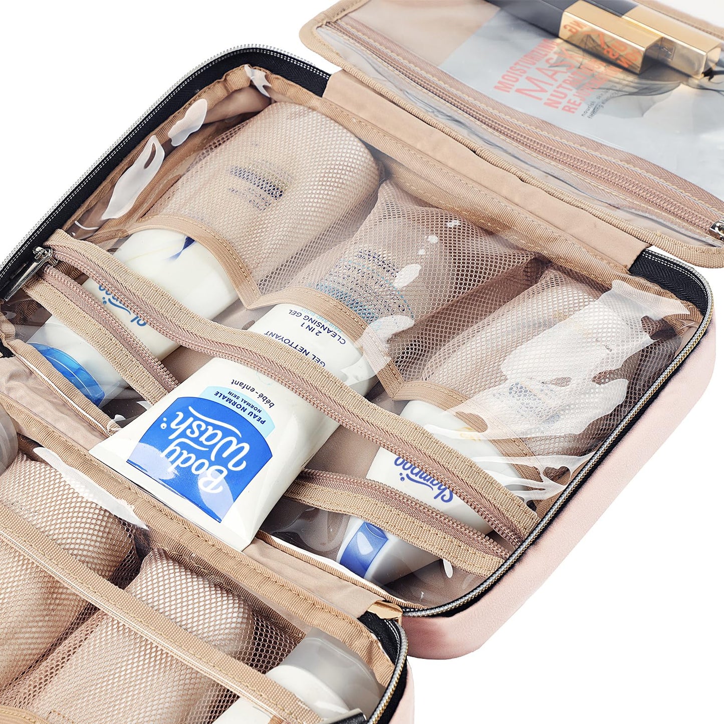 NISHEL Travel Toiletry Bag for women, Portable Hanging Organizer for Full-Sized Shampoo, Conditioner, Brushes Set, Makeup Accessories, Large Size, Pink