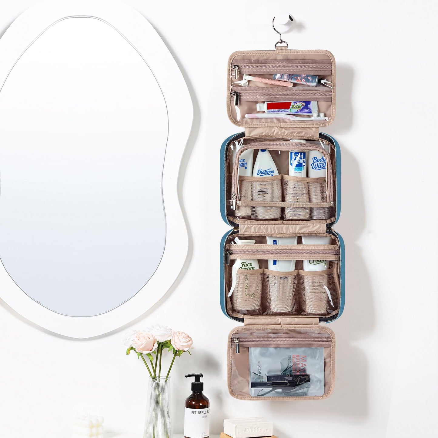 NISHEL Travel Toiletry Bag for women, Portable Hanging Organizer for Full-Sized Shampoo, Conditioner, Brushes Set, Makeup Accessories, Large Size, Pink