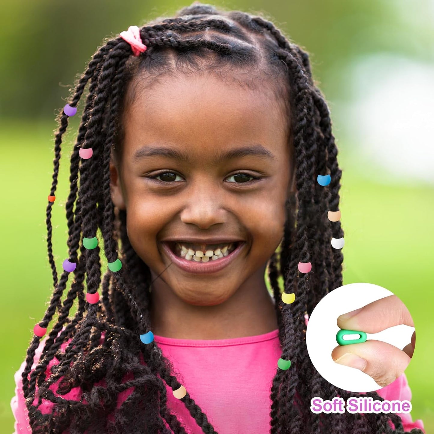 Jongdari 160pcs Silicone Hair Beads, Colorful Rainbow Soft Rubber Pony Beads Hair Accessories Kit for Kids Girls Women Braids - 4 Shapes