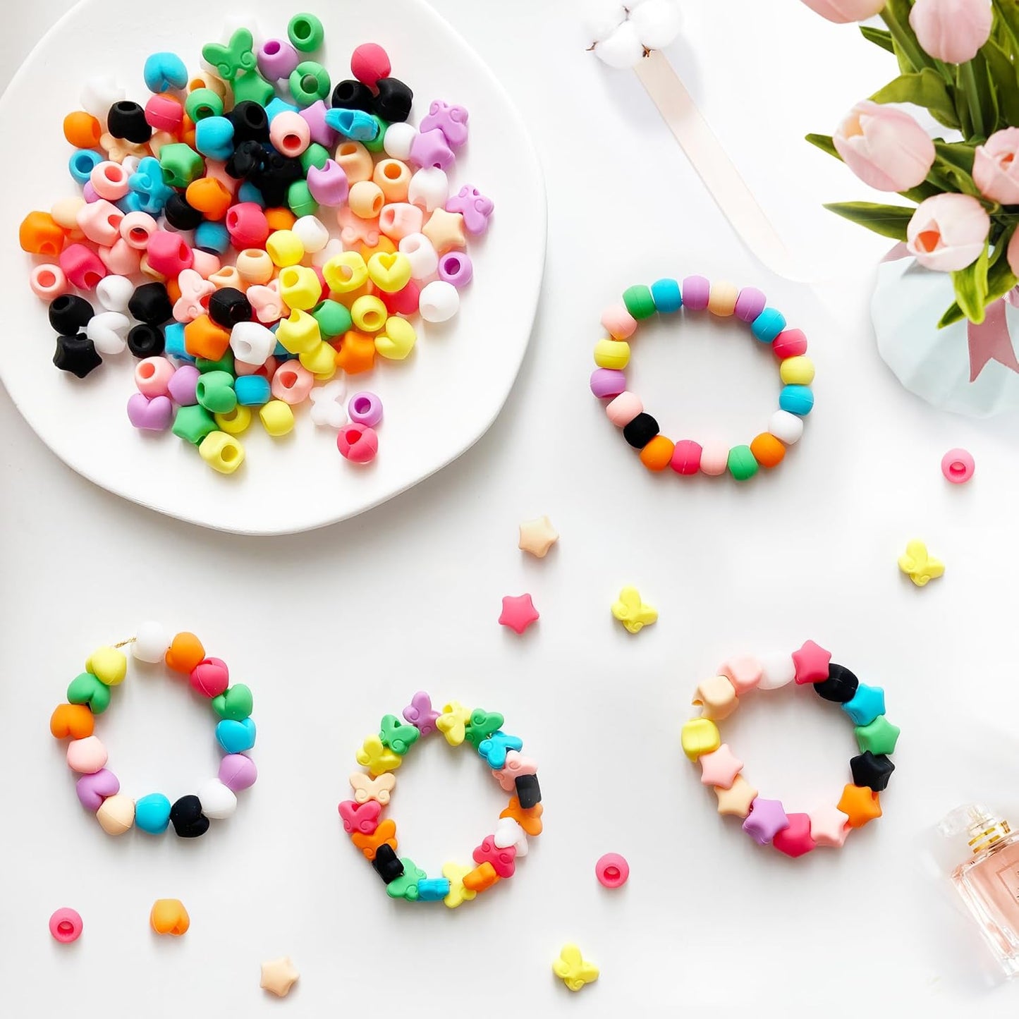 Jongdari 160pcs Silicone Hair Beads, Colorful Rainbow Soft Rubber Pony Beads Hair Accessories Kit for Kids Girls Women Braids - 4 Shapes