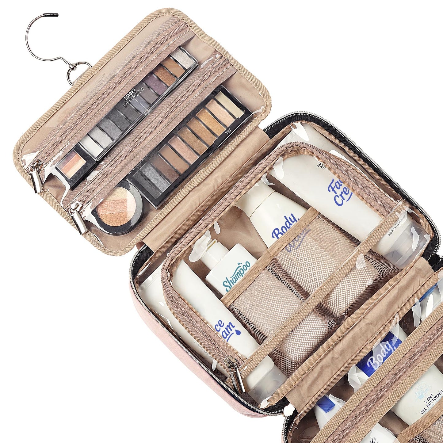 NISHEL Travel Toiletry Bag for women, Portable Hanging Organizer for Full-Sized Shampoo, Conditioner, Brushes Set, Makeup Accessories, Large Size, Pink