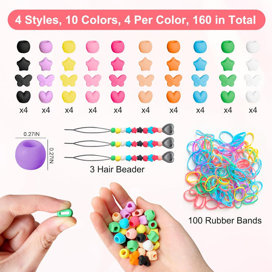 Jongdari 160pcs Silicone Hair Beads, Colorful Rainbow Soft Rubber Pony Beads Hair Accessories Kit for Kids Girls Women Braids - 4 Shapes