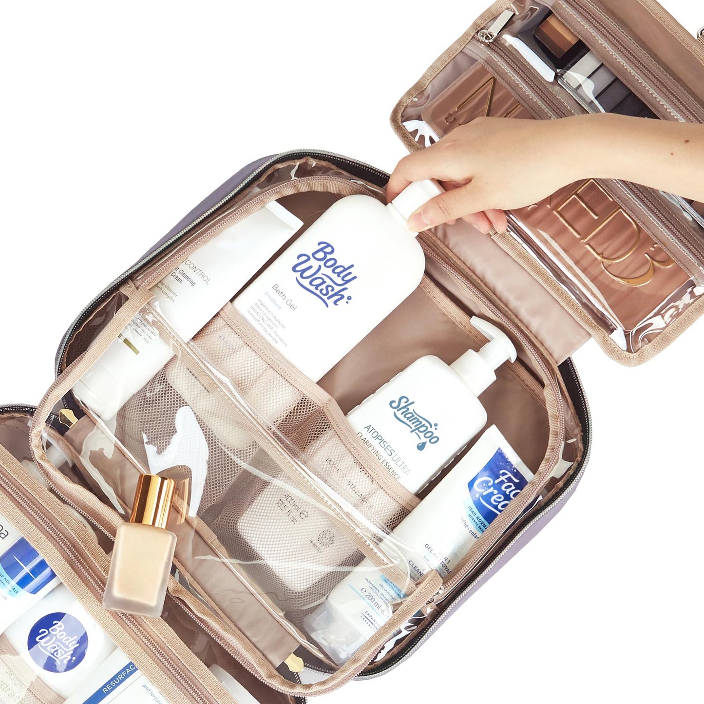 NISHEL Travel Toiletry Bag for women, Portable Hanging Organizer for Full-Sized Shampoo, Conditioner, Brushes Set, Makeup Accessories, Large Size, Pink