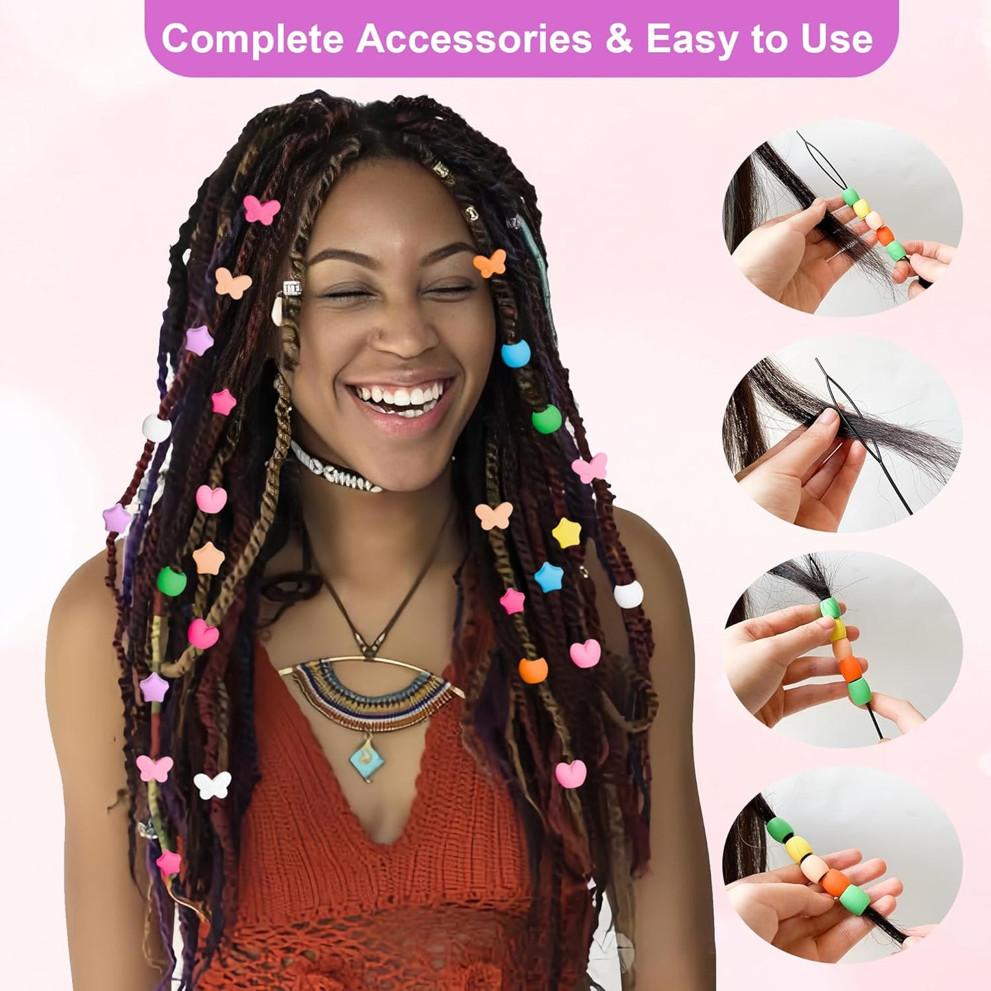 Jongdari 160pcs Silicone Hair Beads, Colorful Rainbow Soft Rubber Pony Beads Hair Accessories Kit for Kids Girls Women Braids - 4 Shapes