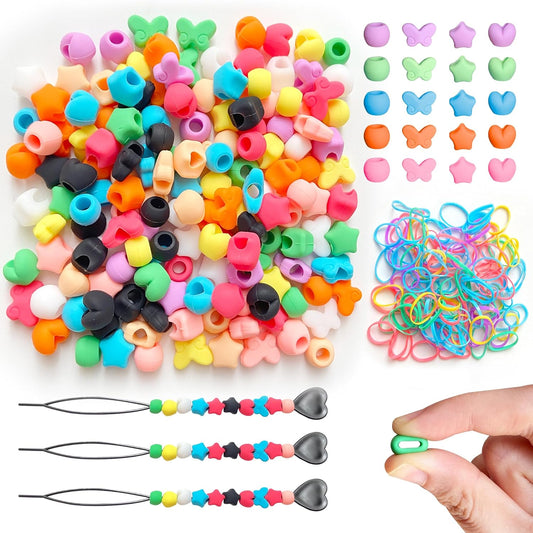 Jongdari 160pcs Silicone Hair Beads, Colorful Rainbow Soft Rubber Pony Beads Hair Accessories Kit for Kids Girls Women Braids - 4 Shapes