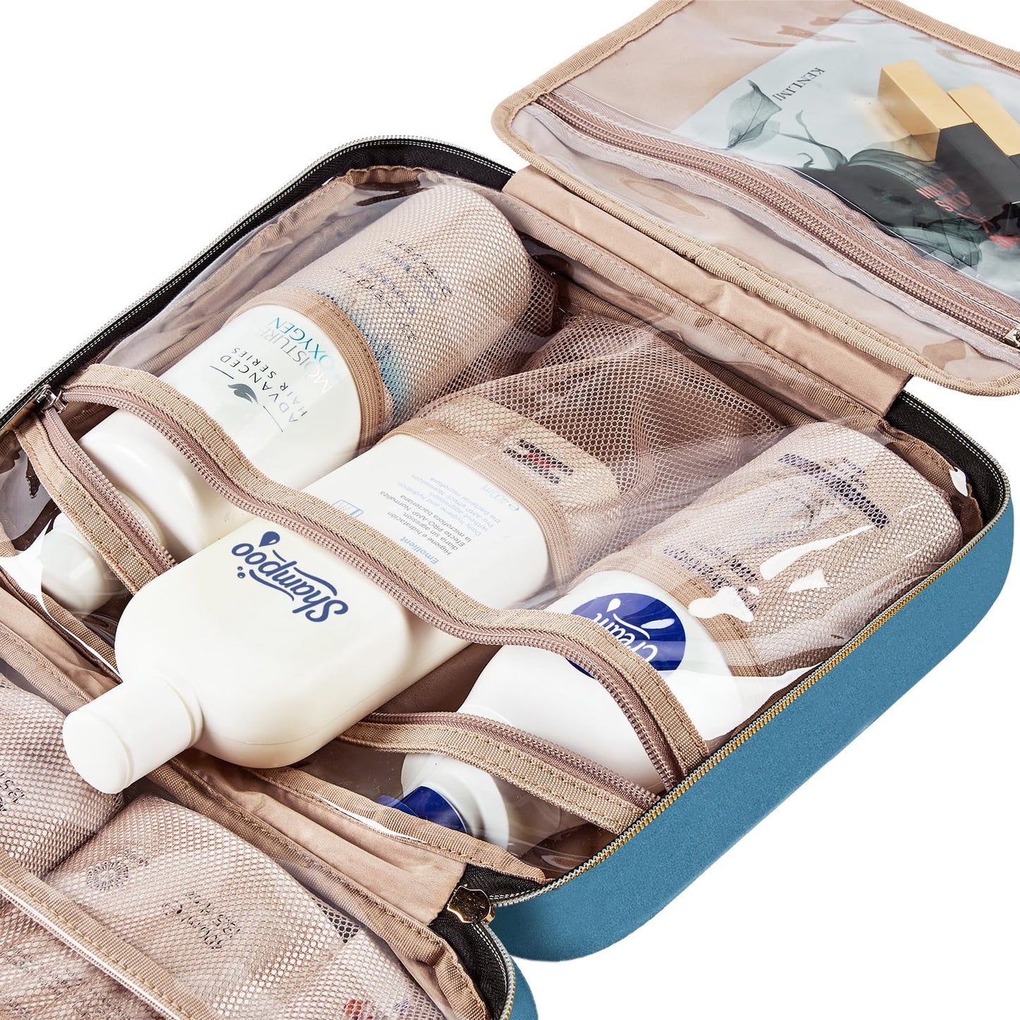 NISHEL Travel Toiletry Bag for women, Portable Hanging Organizer for Full-Sized Shampoo, Conditioner, Brushes Set, Makeup Accessories, Large Size, Pink