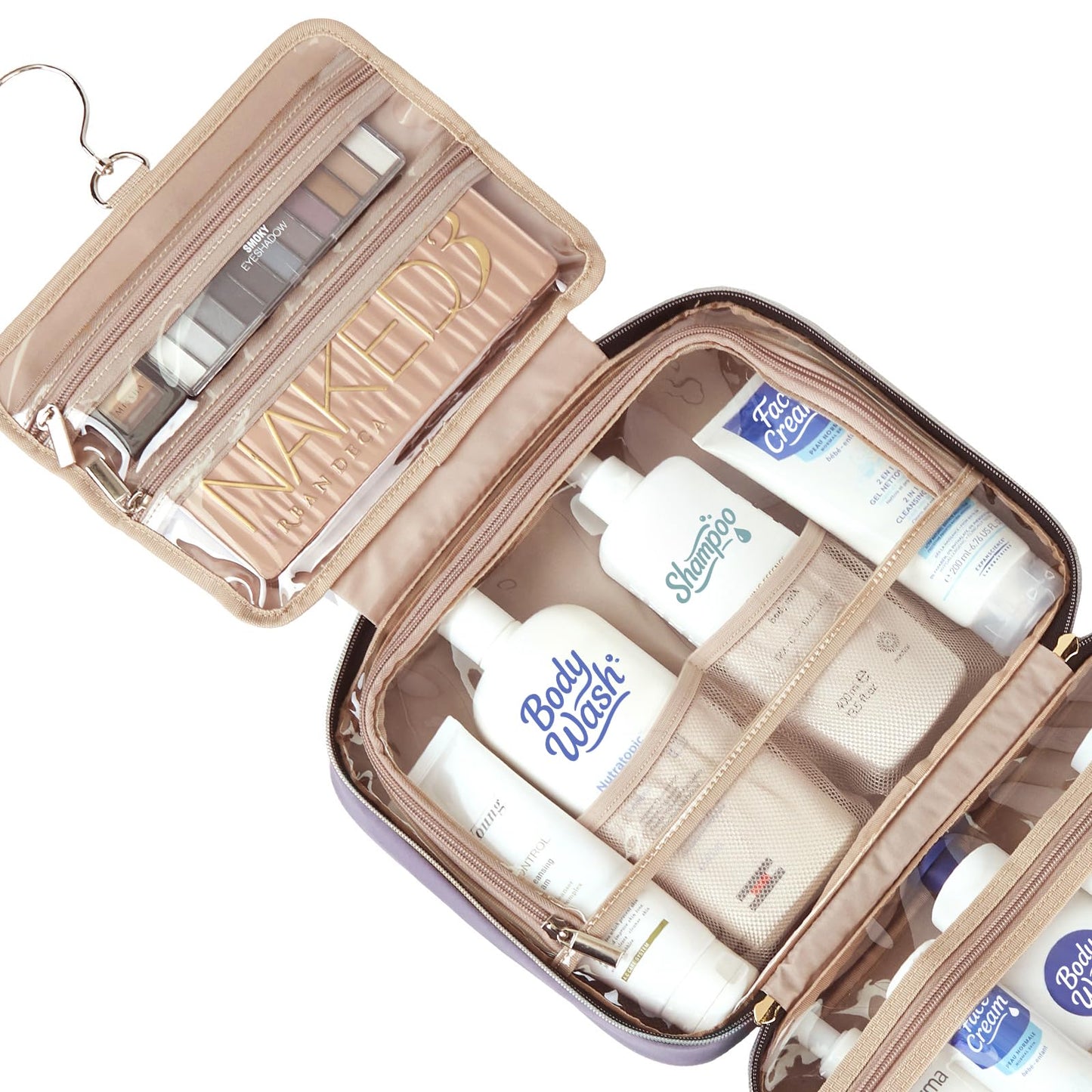 NISHEL Travel Toiletry Bag for women, Portable Hanging Organizer for Full-Sized Shampoo, Conditioner, Brushes Set, Makeup Accessories, Large Size, Pink