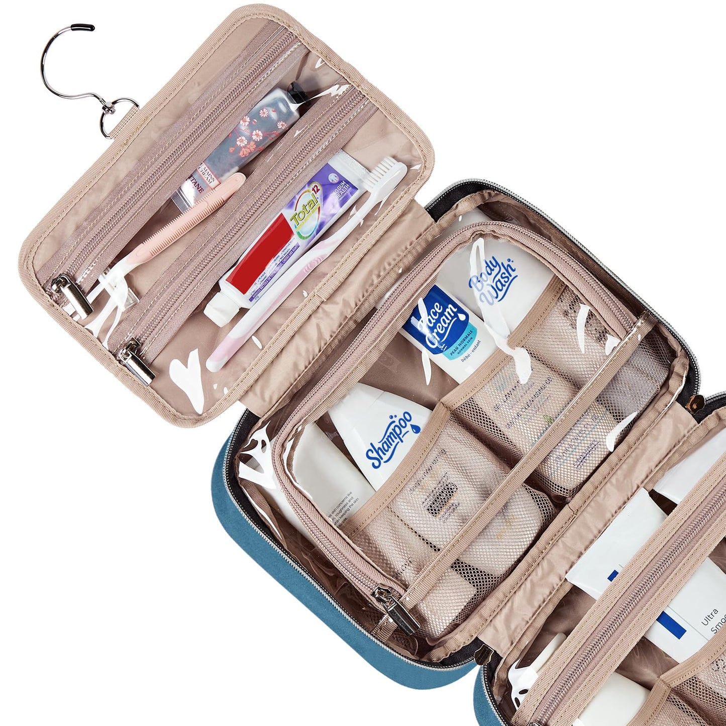 NISHEL Travel Toiletry Bag for women, Portable Hanging Organizer for Full-Sized Shampoo, Conditioner, Brushes Set, Makeup Accessories, Large Size, Pink