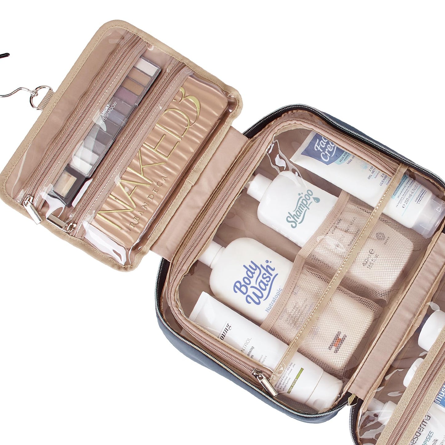 NISHEL Travel Toiletry Bag for women, Portable Hanging Organizer for Full-Sized Shampoo, Conditioner, Brushes Set, Makeup Accessories, Large Size, Pink