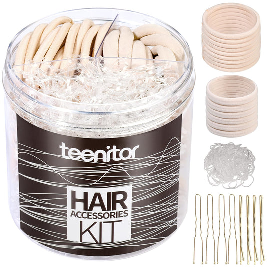 Teenitor Hair Accessories Kit for Woman & Girls: 500pcs Elastic Hair Bands; 30pcs Ponytail Holders, Black Seamless Thick Hair Bands; 40pcs Bobby Pins, Clear & More