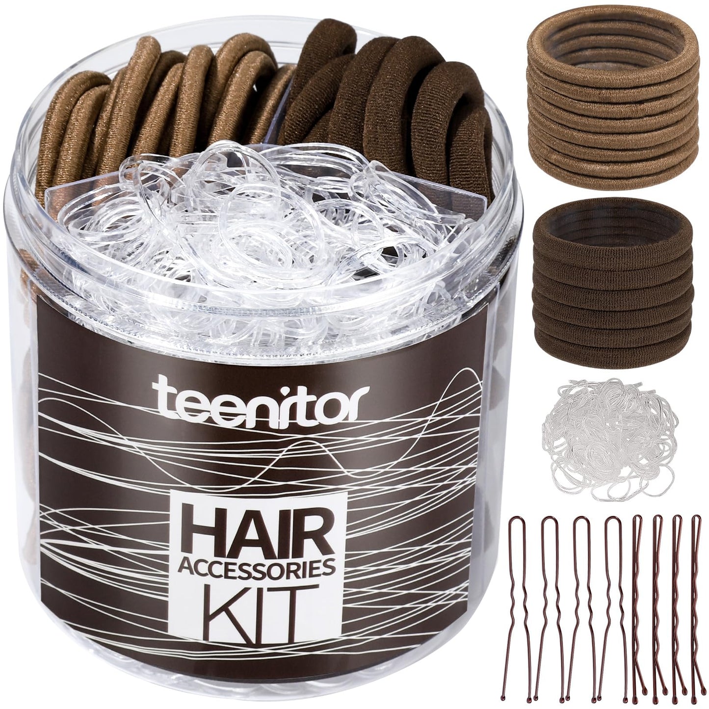 Teenitor Hair Accessories Kit for Woman & Girls: 500pcs Elastic Hair Bands; 30pcs Ponytail Holders, Black Seamless Thick Hair Bands; 40pcs Bobby Pins, Clear & More