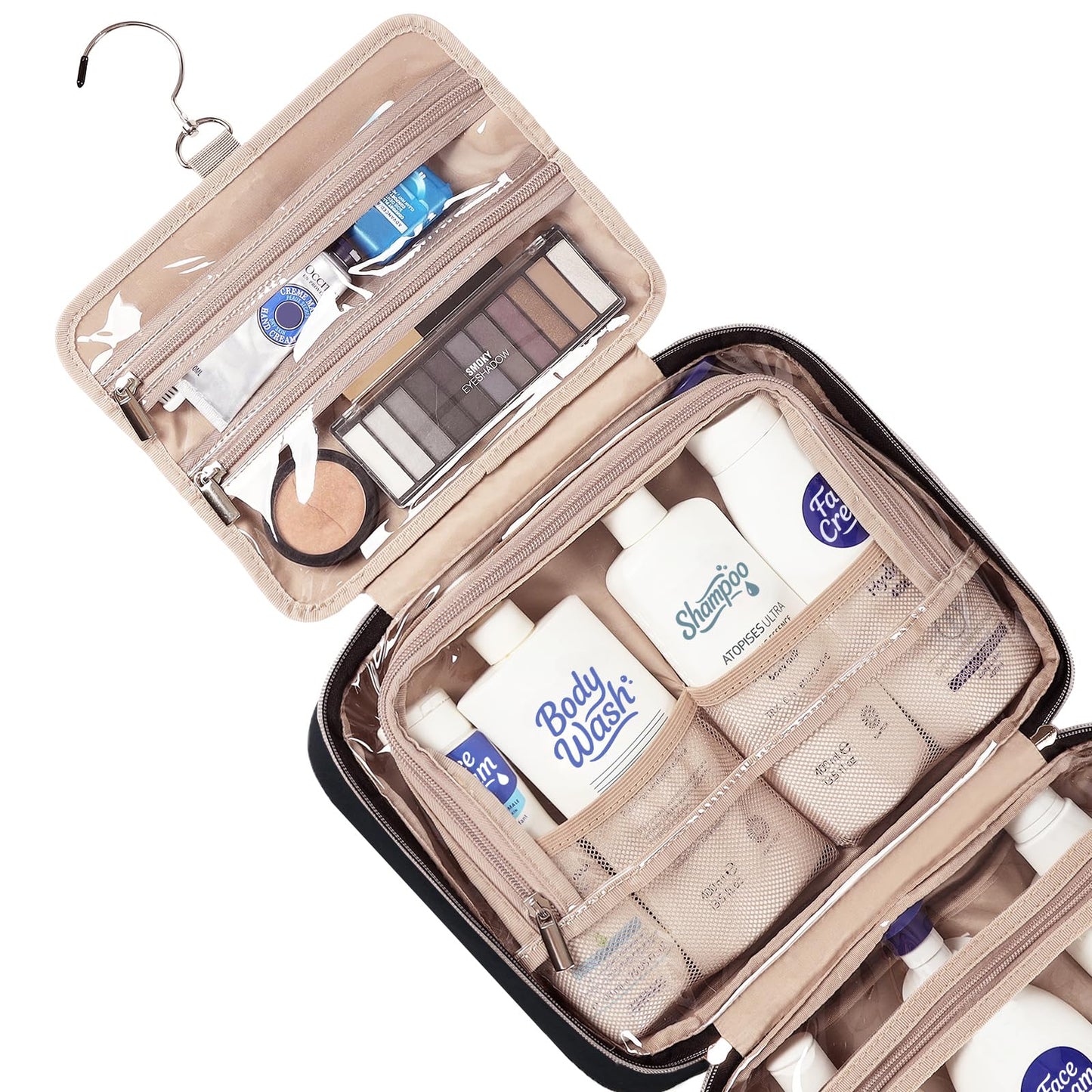 NISHEL Travel Toiletry Bag for women, Portable Hanging Organizer for Full-Sized Shampoo, Conditioner, Brushes Set, Makeup Accessories, Large Size, Pink