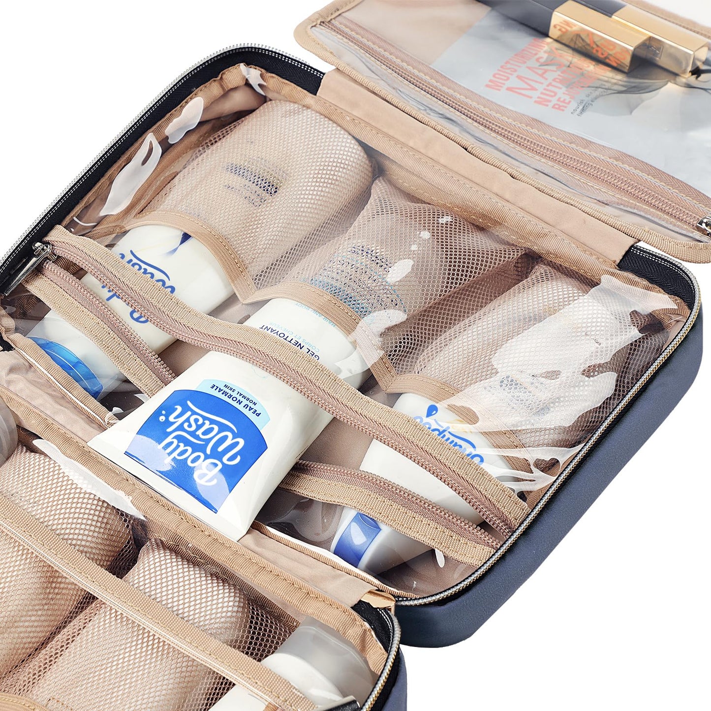 NISHEL Travel Toiletry Bag for women, Portable Hanging Organizer for Full-Sized Shampoo, Conditioner, Brushes Set, Makeup Accessories, Large Size, Pink