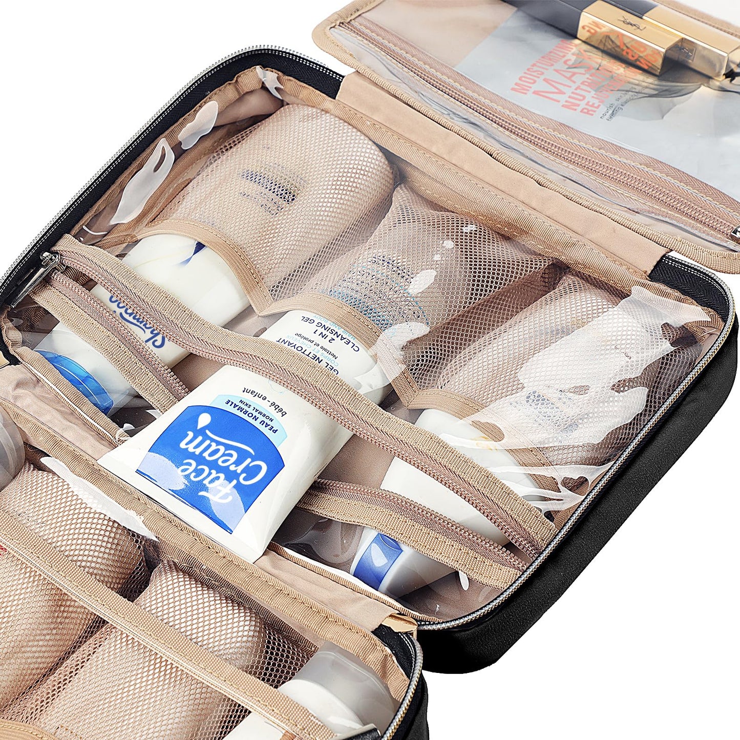 NISHEL Travel Toiletry Bag for women, Portable Hanging Organizer for Full-Sized Shampoo, Conditioner, Brushes Set, Makeup Accessories, Large Size, Pink